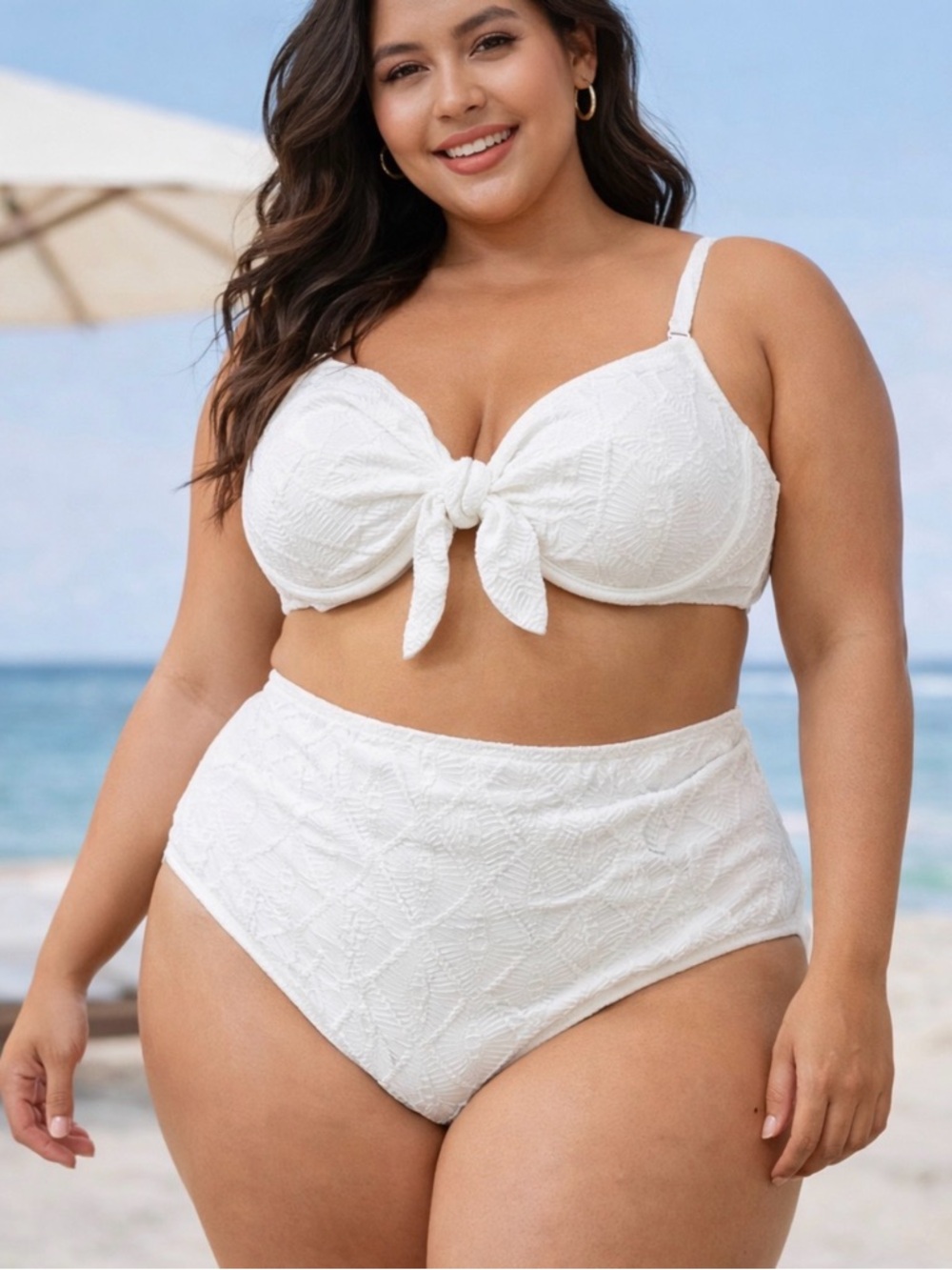 White Textured High-Waisted Bikini Set | Tie Front Top | Size 2XL